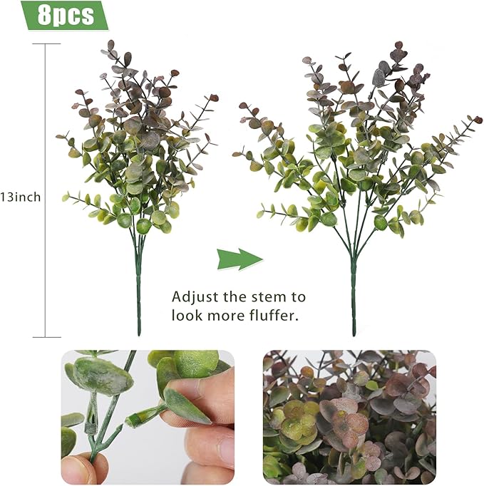 RECUTMS 8 Bundles Artificial Greenery Plants Stems Outdoor Fake Eucalyptus Plants Boxwood Bushes for Farmhouse Bathroom Office Vase Centerpiece Indoor Outdoor Decoration(Dusty Purple)