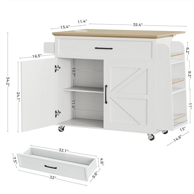 IRONCK Kitchen Island Table with Storage, Rolling Kitchen Cart with Power Outlet, Storage Cabinets on Wheels with Drop Leaf, Portable for Dining Room, White