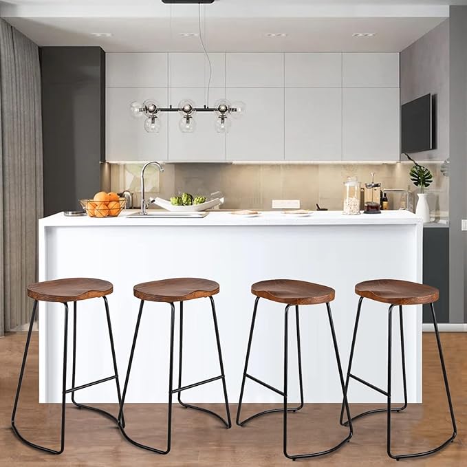 HeuGah Bar Stools Set of 4, Saddle Seat Bar Stools with Metal Legs, Rustic Backless Counter Height Stools, Industrial Counter Stools (Walnut, 30 Inch)