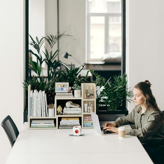 Desk Shelves Desktop Orgnizer Shlef - Natural Wood Tone Office Organization for Top of Desk Organizers and Accessories Corner Bookshelf Table Top Shelving Small Hutch Decorations for Office