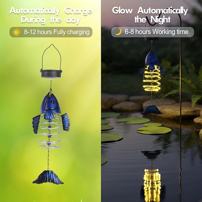 2 Pack Fish Solar Lights Outdoor Hanging Lantern with Handle, Solar Powered Butterflies Garden Decor for Outside Patio Yard Porch Pathway Butterfly Gifts for Women (Warm White LED Lights)