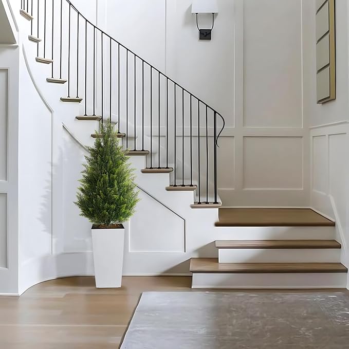 4FT Tall 2 Set Artificial Topiary Cedar Tree, Indoor Realistic Faux Cypress Plants with Square Flowerpot, Outdoor Evergreen Fake Shrubs for Home Living Room Front Porch Decor