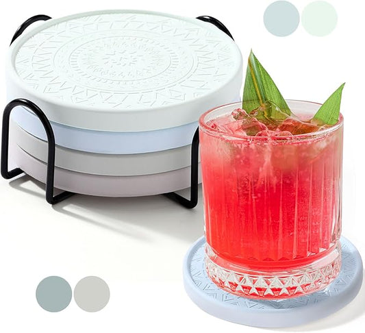 Photect Diatomaceous Earth Coasters Set with Holder Absorbent Stone Drink Coasters Instant Drying Tray for Tabletop Protection Home Decoration Housewarming Gift(Green,4 Pcs)