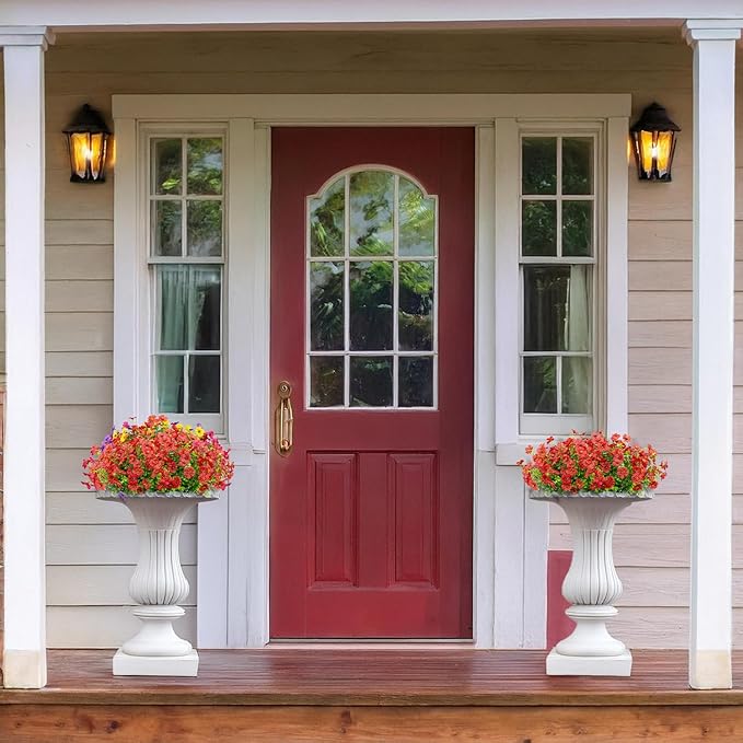 16 Bundles Artificial Flowers Outdoor Spring Summer Decoration Fake Silk Colorful Daisy Eucalyptus Realistic UV Resistant Outside Faux Plants for Garden Porch Window Box Home Decor(Red)