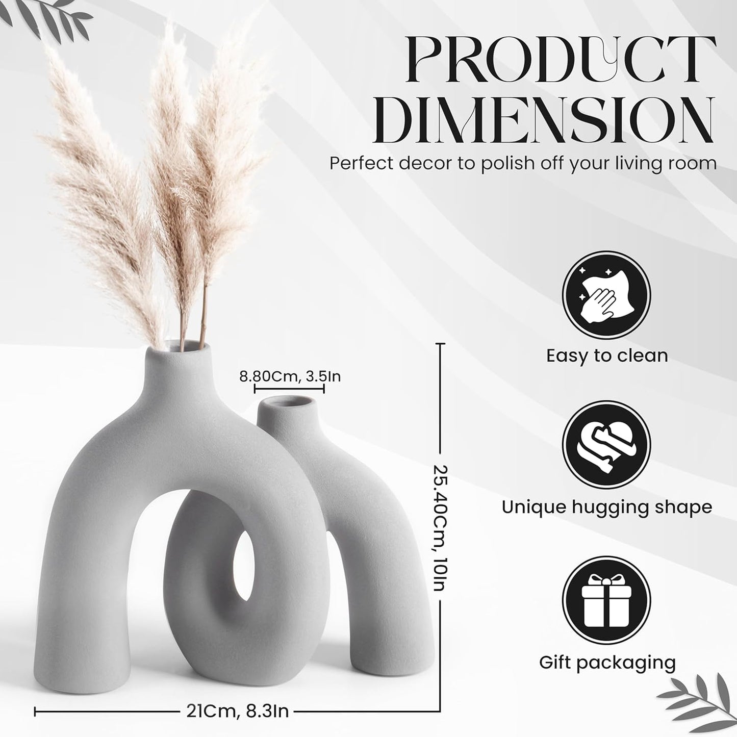 Ceramic Hug Vase (Soft Gray) Modern Donut Style Hugging Vases for Flowers Minimalist Decor – Hollow Ceramic Waterproof Home Decor Vases for Living Room, Bed Room, Book Shelf, Entryway Table.