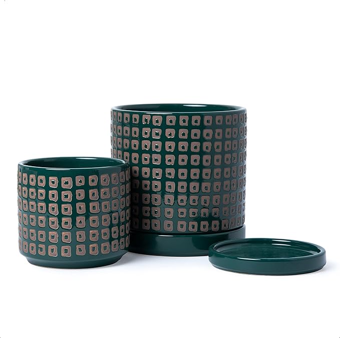 D'vine Dev Set of 2 Ceramic Planter Pots with Drainage Hole and Saucer, 4.5 Inch 6 Inch Plant Pots for Plants Indoor Houseplants, Green, 99-A-4