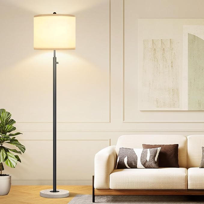 Nintiue Dimmable Floor Lamp for Living Room, 11W LED Bulb Included, Modern Standing Lamp with Marble Base, Tall Pole Light with White Linen Shade for Bedroom Reading Office Corner Nursery-Black