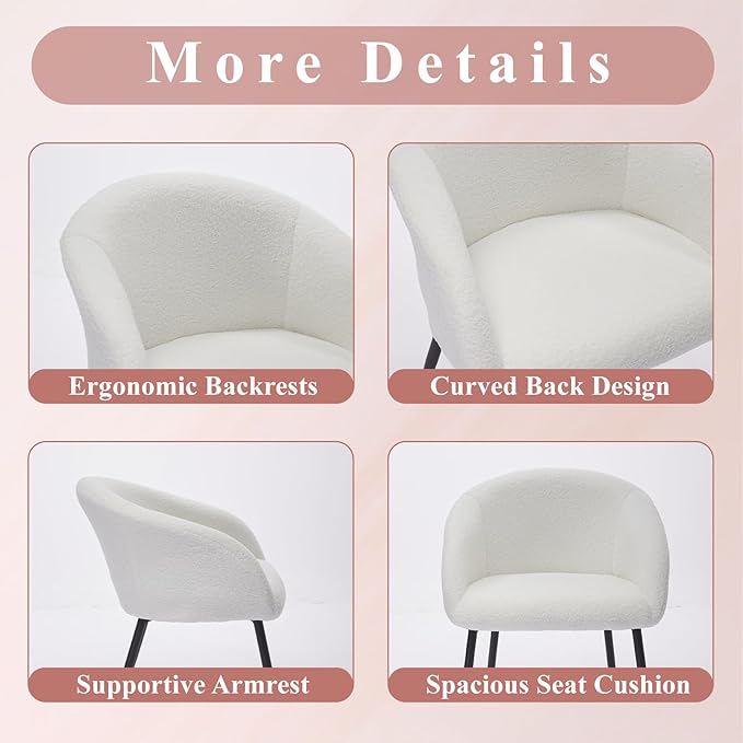 Modern Small Accent Chair Set of 2, Comfy Sherpa Makeup Vanity Chair with Metal Legs, Decorative Chair no Wheels for Living Room, Dressing Room, Bedroom, White