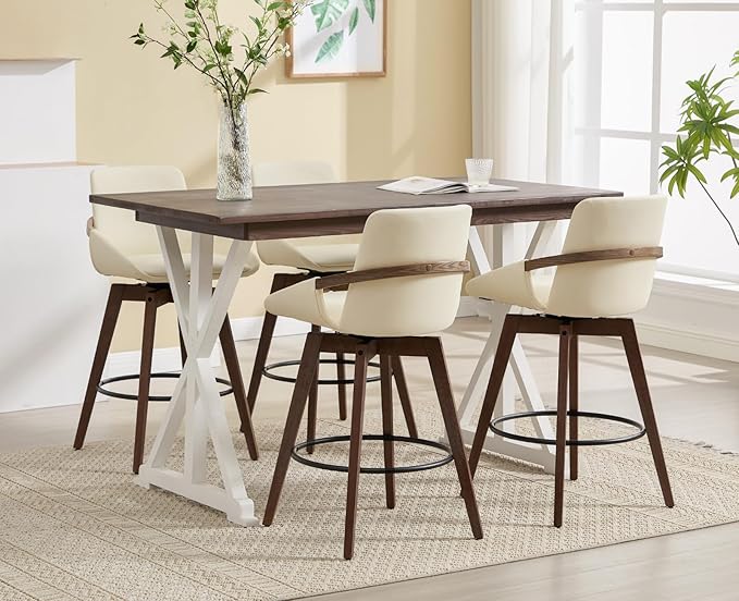 EALSON Swivel Counter Height Bar Stools Set of 2 Mid Century Modern Natural Wood Barstools with Back and Arms Comfortable Leather Upholstered Counter Stools Bar Chairs for Kitchen Island, Beige