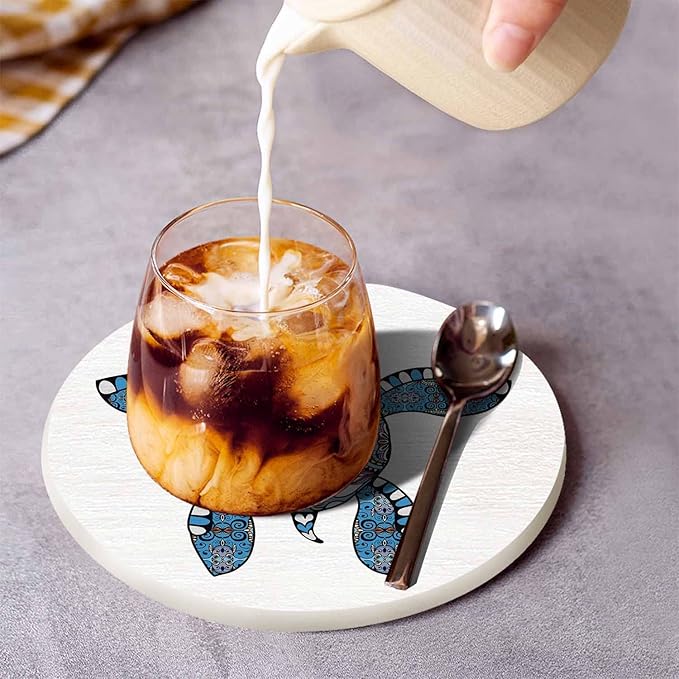 Cartoon Turtle Coasters Set for Wood Table Floral Geometric Pattern Ocean Animal Tribal Boho Paisley Tabletop Protection Mat for Mugs and Cups 4 Inch for Kitchen Office Home