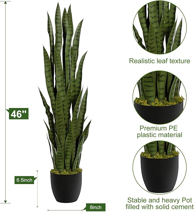 4ft Artificial Snake Plant – 46in Faux Sansevieria Plants, Fake Floor Plant for Indoor Outdoor, Front Porch Patio Home Office Decor, Mother-in-Law’s Tongue, Green 2Pcs