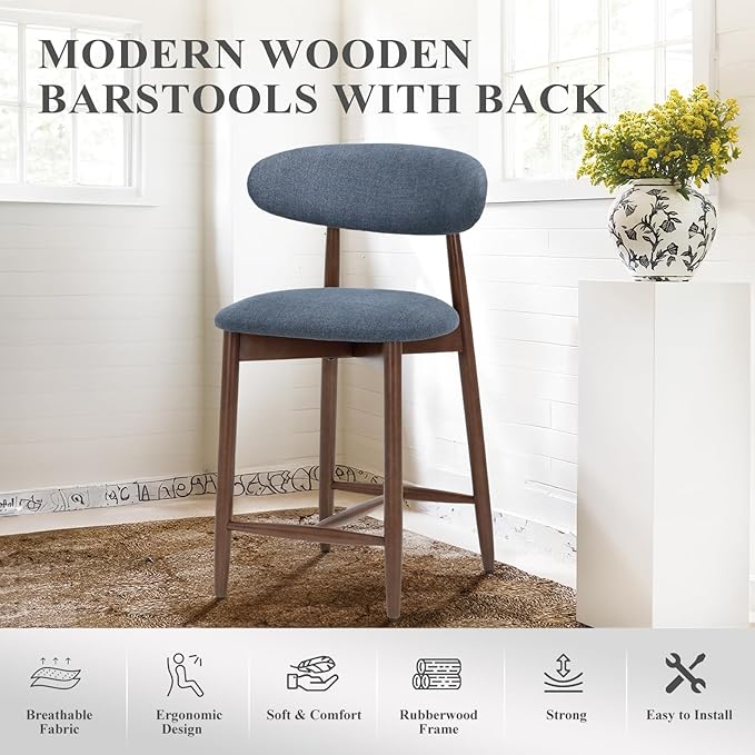 COLAMY Bar Stools Set of 6, Counter Height Bar Stools, Upholstered Counter Stools with Wood Legs for Kitchen Island Dining Room Bar, Blue