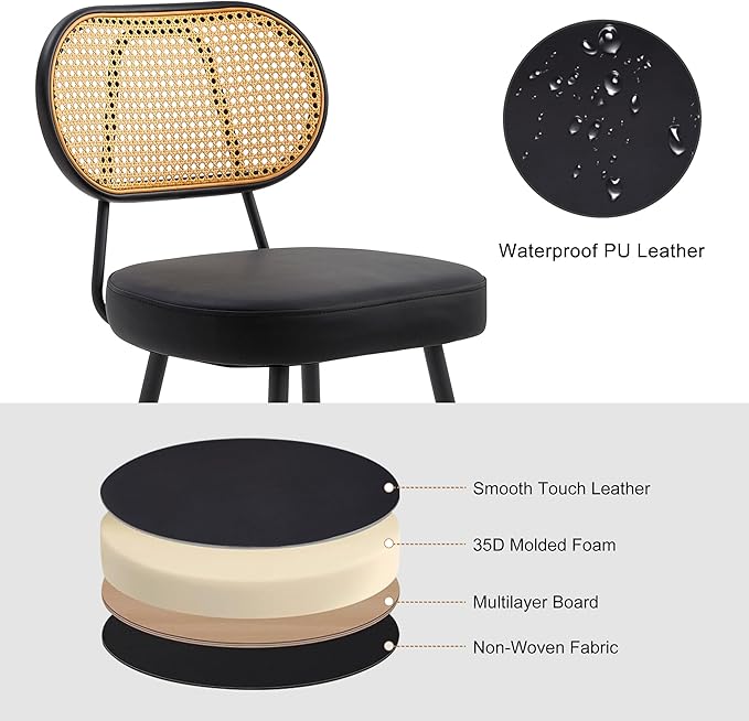 BFZ Bar Stools Set of 3, 26" Counter Height Barstools with Rattan Back and Metal Legs, Upholstered Faux Leather Bar Chairs for Kitchen Island, Home Bar, Black