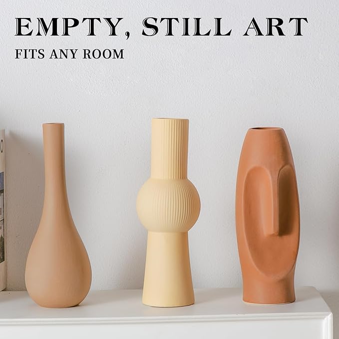 Ceramic Flower Vase Set of 3, Home Decor Vases for Centerpieces, Tulips Flowers Pampas Grass Decor, Boho Rustic Farmhouse Kitchen Bedroom Bathroom Living Room Office Wall Decor Aesthetic -Beige