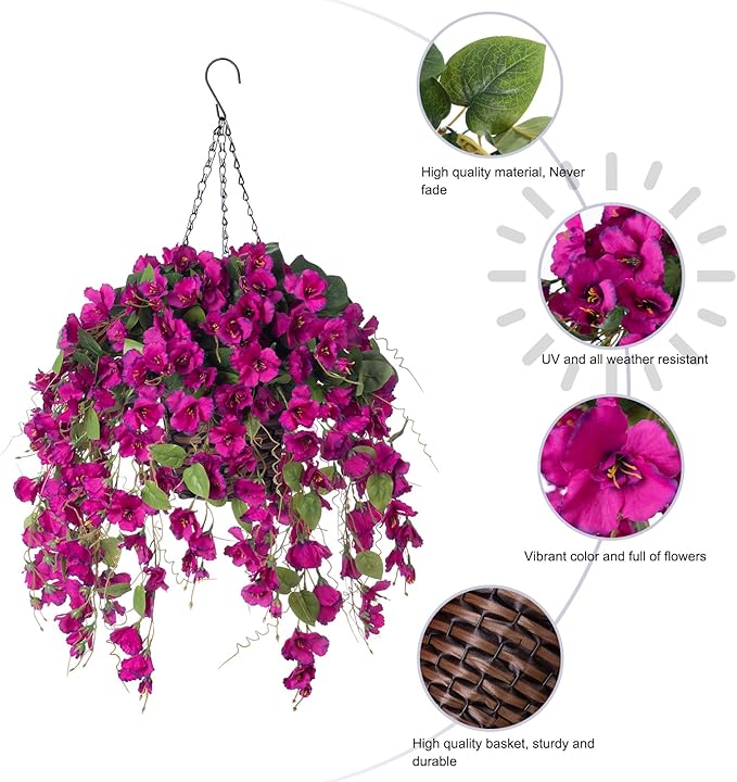 Artificial Fake Hanging Hibiscus Flowers Plants Baskets for Outdoor Decoration, Faux Silk Hibiscus Long Vines in Planter UV Resistant Realistic Flowers for Outside Porch Patio Home Decor(Purple 2)