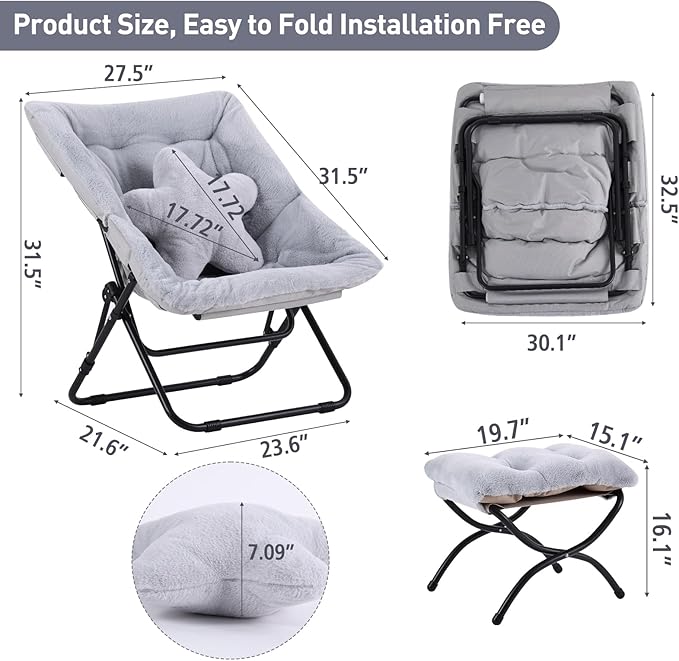 Welnow Comfy Saucer Chair with Ottoman, Oversized Folding Reading Chair for Adults with Throw Pillow Soft Faux Fur Lounge Chair for Bedroom Furry Accent Chair for Living Room, Dorm Rooms, Grey