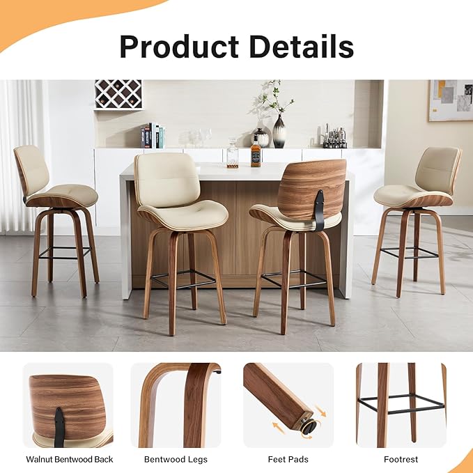 Mid Century Modern Bar Stools Set of 1, 29.5'' Bar Height Swivel Stools with Bentwood Legs, Faux Leather Upholstered Bar Chairs with Footrest for Kitchen Island & Countertops, Beige