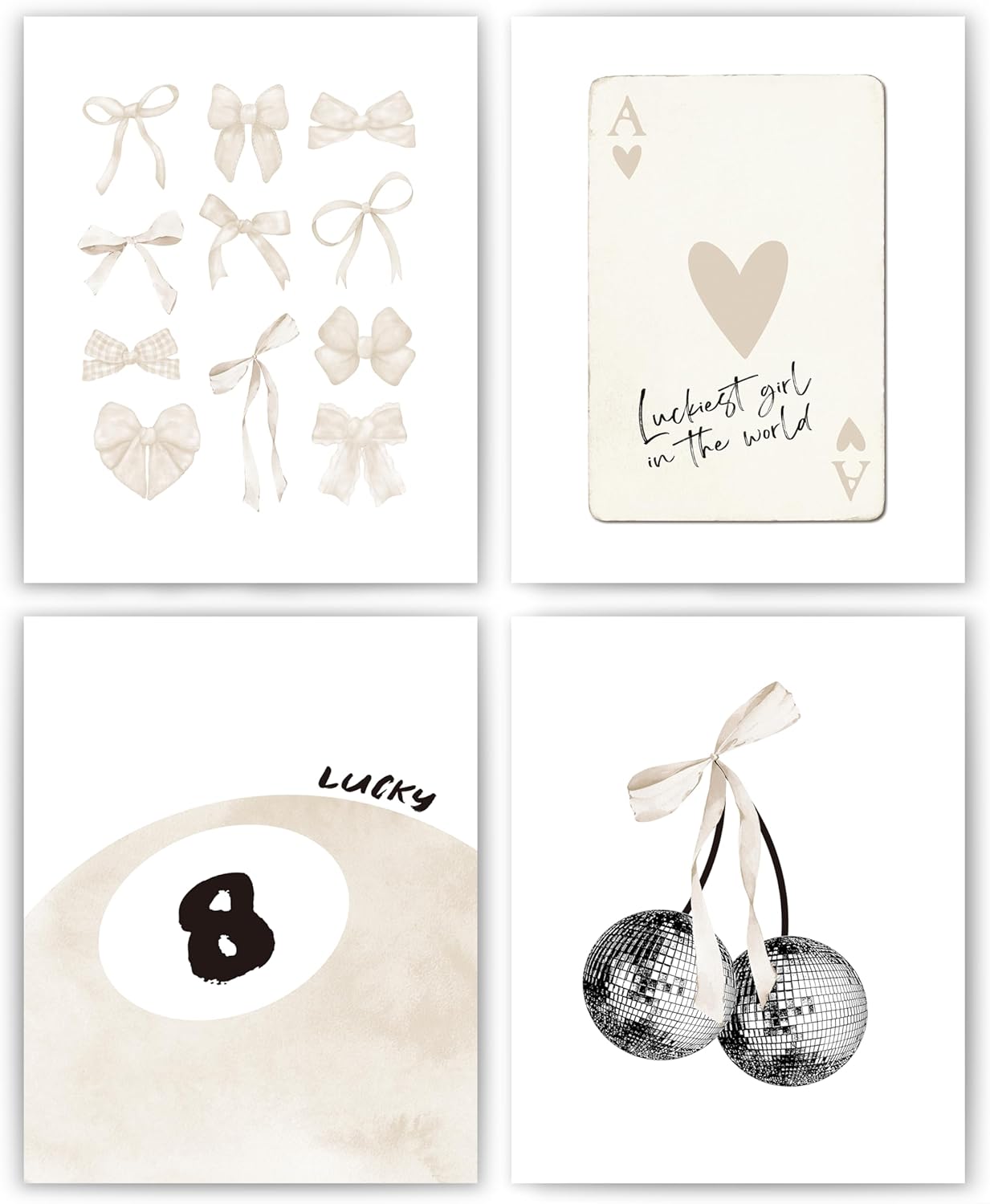 okaxscm Beige Coquette Trendy Preppy Wall Art Prints Set of 4, Coquette Room Decor, Preppy Room Decor Aesthetic, Beige Bow Disco 8 Ball Cherry Wall Decor Posters for Girls Bedroom Dorm, 8x10 Unframed