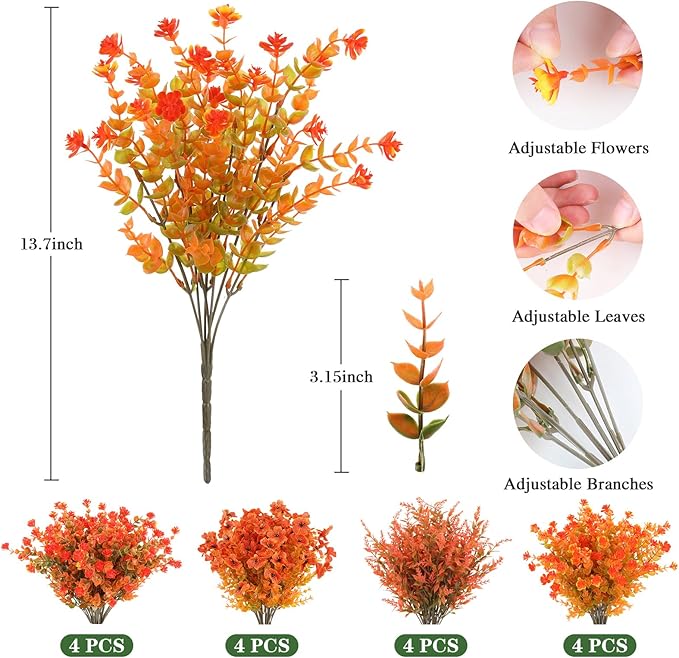 AmyHomie 16 Bundles Mix Orange Artificial Fall Flowers for Outdoor Fall Decor UV Resistant Fake Mums No Fade Fake Plastic Plants Garden Porch Window Box Decorating