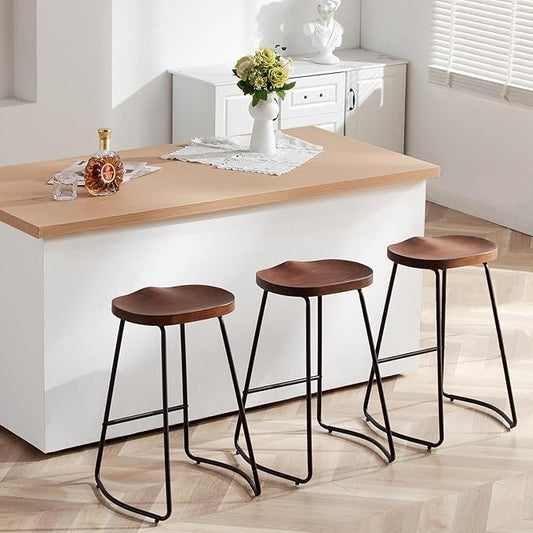 HeuGah Bar Stools Set of 3, Solid Wood Counter Height Bar Stools 26 Inch Barstool Chair for Kitchen Island Rustic Saddle Seat Backless Stools with Metal Leg (Walnut, 3 PCS 26Inch Counter Chair)