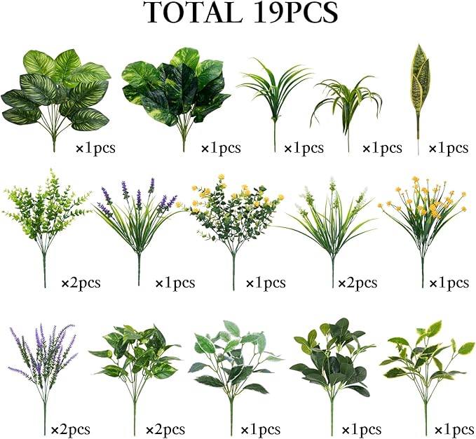 GTIDEA 19 Bundles Outdoor Faux Plants, Artificial Plants & Flowers UV Resistant Fake Plastic Leaves Greenery Stems for Outside Window Box Hanging Baskets Garden Patio Front Porch Decor