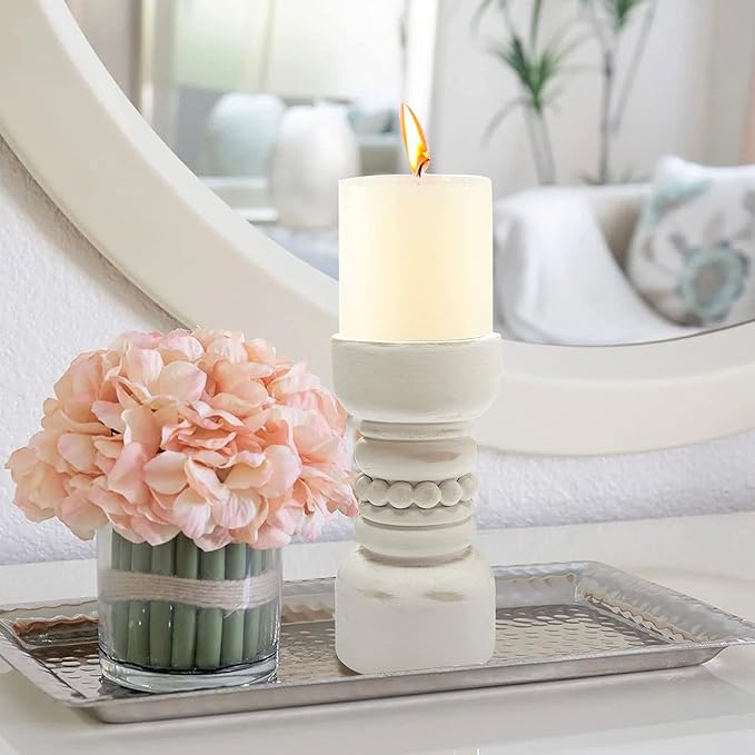 Farmhouse Rustic Wood Pillar Candle Holder, Decorative Beaded Candlestick Holder Stand for Home Decor, Gifts, Wedding (White)