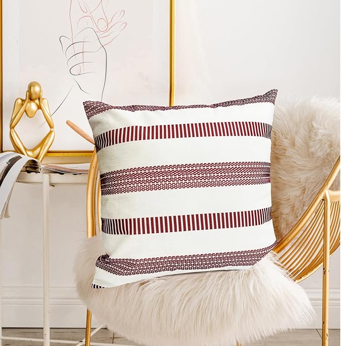 Decorative Throw Pillow Covers Set of 2 Wine Red Boho Striped Pillow Covers 18x18 Inch Throw Pillow Cover Linen Pillowcase Farmhouse Outdoor Pillow Covers for Couch Sofa Bed Living Room