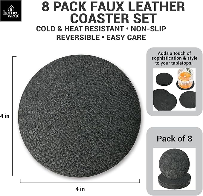 Set of 8 Morgan Faux Leather 4 Inch Round Coasters, Heat & Water Absorbent, Natural Style, Drinks Tabletop Home Dinning, Black