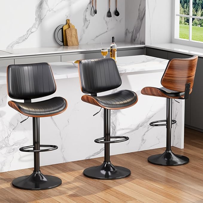 Swivel Bar Stools Set of 2, Adjustable Bentwood Barstools for Kitchen Counter, Mid-Century Modern PU Leather Upholstered Bar Chair with Back and Footrest, for Kitchen Island, Bar, Dining Room, Black