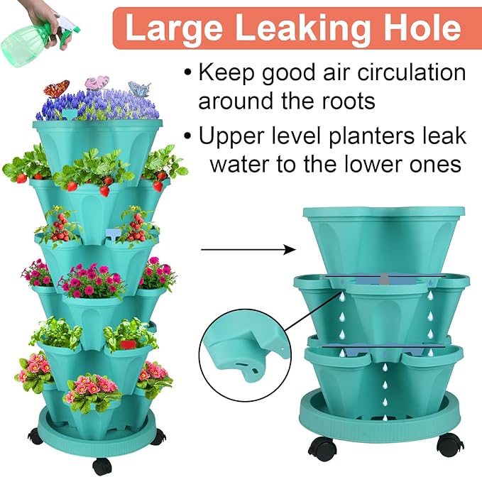 Vertical Planter, 6 Tier Stackable Strawberry Planter with Garden Tool Set, Movable Indoor/Outdoor Garden Herb Pot for Growing Vegetables and Succulents, Teal