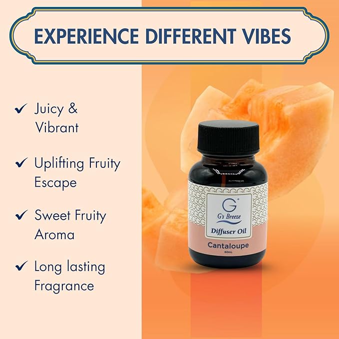 G's Breeze Cantaloupe Diffuser Oil Refill - Sweet, Refreshing & Juicy Scent of Ripe Cantaloupe - Uplifting Aroma, Fruity Spray for Home or Office - Energizing & Long-Lasting Fragrance - 60 ML