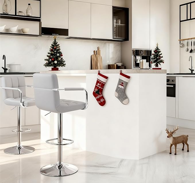 Yaheetech Bar Stools Set of 2, PU Leather Adjustable Swivel Barstools, Hydraulic Kitchen Counter Height Bar Chairs with Armrest and Back for Kitchen, Dining Room, Light Grey