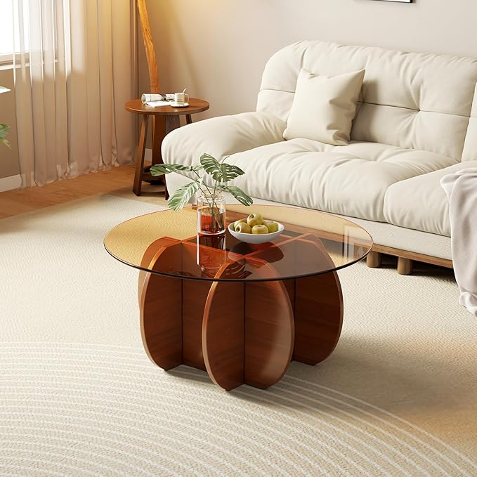Coffee Table for Living Room Mid Century Modern Round Center Table with Glass Top and Wood, Walnut Brown