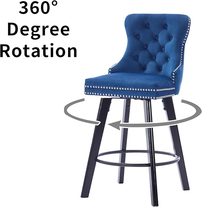 YISHENG Modern Swivel 27" H Seat Set of 4 Velvet Barstools with Backrest and Footrest,Button Tufted Rivet Trim Dining Room Chairs with Metal Pull Ring for Kitchen Island，Bistro, Home Bar，Blue