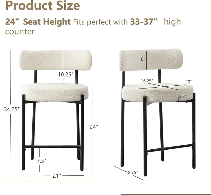 24'' Boucle Bar Stools Set of 3, White Bar Stools with Backs, Counter Height Bar Height Stools for Kitchen Island, Upholstered Bar Chairs