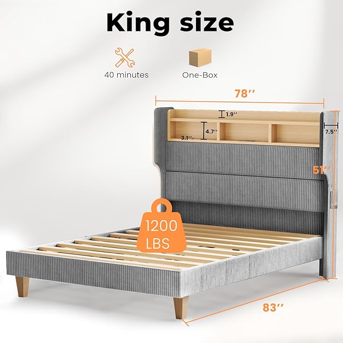 King Size Bed Frame with 51" Tall Corduroy Wingback Headboard and Storage Shelf, Upholstered Platform Bed with LED Lights & Charging Station, No Box Spring Needed, Easy Assembly, Grey