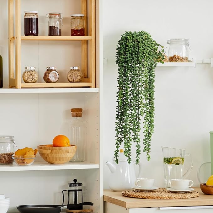 10 Pcs Artificial Succulents Hanging Plants, Fake String of Pearls Greenery Plants, Decoration for Wall Home Backdrop Garden Windows Balcony Indoor and Outdoor (10PCS Green)