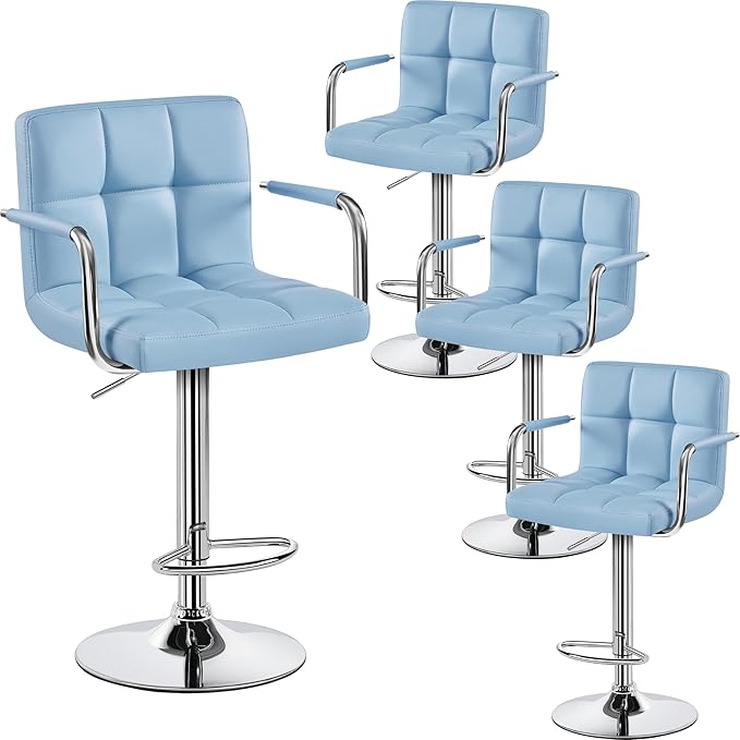 Yaheetech Bar Stools Set of 4, PU Leather Adjustable Swivel Barstools, Hydraulic Kitchen Counter Height Chairs with Armrest and Back for Kitchen, Dining Room, Blue