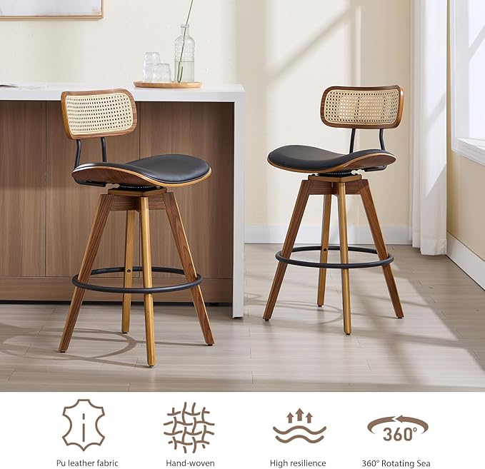 Swivel Bar Stools Set of 2, Faux Leather Counter Height Stools with Rattan Back, 26" Seat Height Upholstered Bar Chairs with Bentwood Wood Frame for Kitchen Island - Black