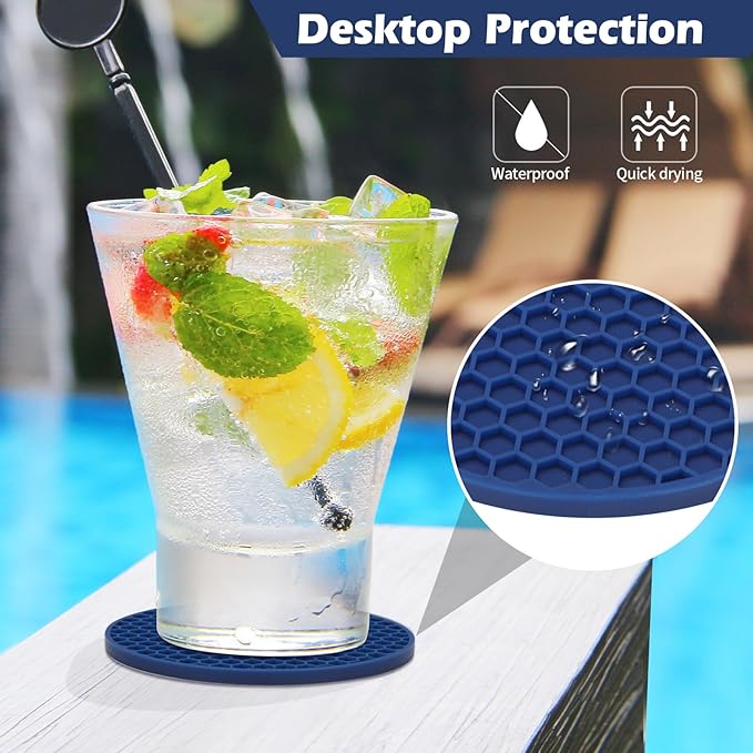 Silicone Coasters Set of 8 with Holder,Coasters Drinks,Beer,Coffee Coasters,Suitable Kinds Cups,Hot or Cold,Anti-SLI,Non-Stick,Anti-Overflow Tabletop Protection and Decor (8 Pcs, Navy Blue)