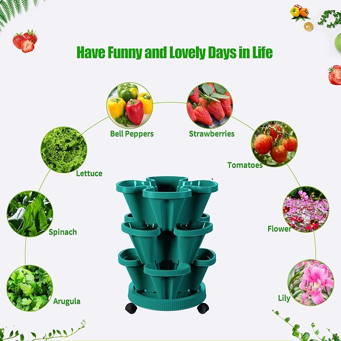 Strawberry Stacking Planters, Vertical Garden Tower, 3 Tiered Stackable Herb Vegetable Planters with Movable Casters and Bottom Saucer Indoor and Outdoor - Hunter Green