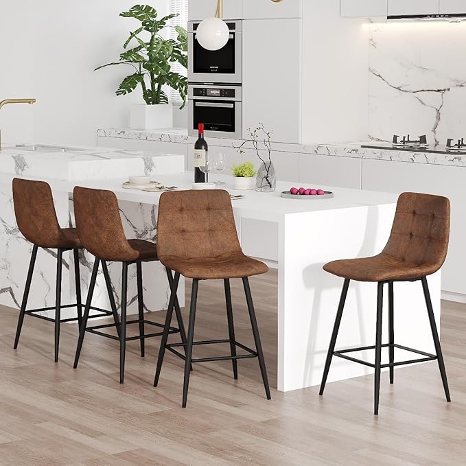 Brown Barstools Set of 4, 24.4" Counter Height Bar Stools with Back & Metal Footrest, Modern Island Chairs Set of 4 for Kitchens Island Home Bar