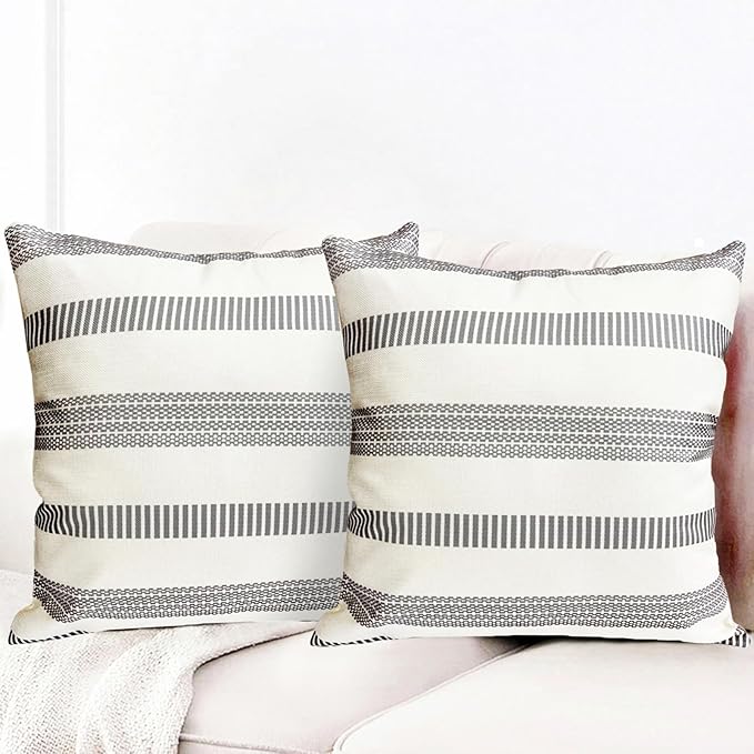 Decorative Throw Pillow Covers Set of 2 Light Gray Boho Striped Pillow Covers 16x16 Inch Throw Pillow Cover Linen Pillowcase Farmhouse Outdoor Pillow Covers for Couch Sofa Bed Living Room