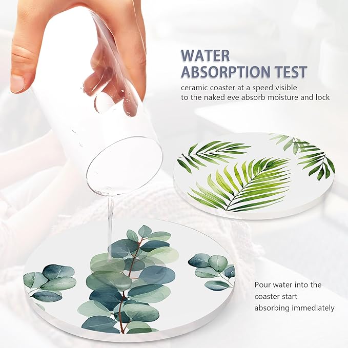 6 Pcs Coasters for Drinks with Holder, Green Leaves Absorbent Ceramic Coasters with Cork Base,Cute Funny Table Drinks Coasters Tabletop Protection Mat,Table Home Decor,4 Inches