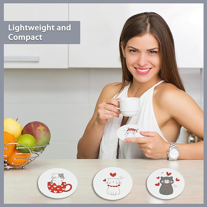 6 Pcs Coasters for Drinks with Holder,Sweet Cat in Love Cute Absorbent Coaster with Cork Backing,Great Gift for Housewarming,Room Decor,Bar,Holiday Party