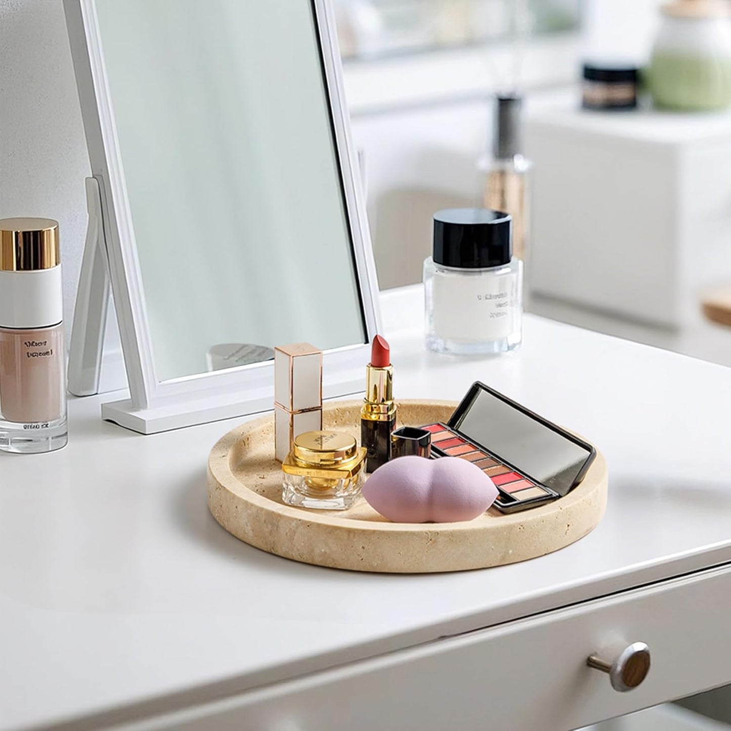 WORHE Natural Marble Vanity Tray for Bathroom Kitchen Dresser, Travertine Stone Decorative Trays for Jewelry, Perfume, Cosmetic, Candle, Round Countertop Storage Organizer for Home Decor Beige (WH019)