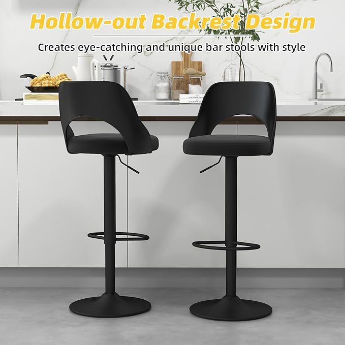 civama Bar Stools Set of 6 for Kitchen Counter, Seat Height Adjustable 25''-33'', Modern Upholstered Swivel Island Chairs with Hollow Backrest Metal Base, Black