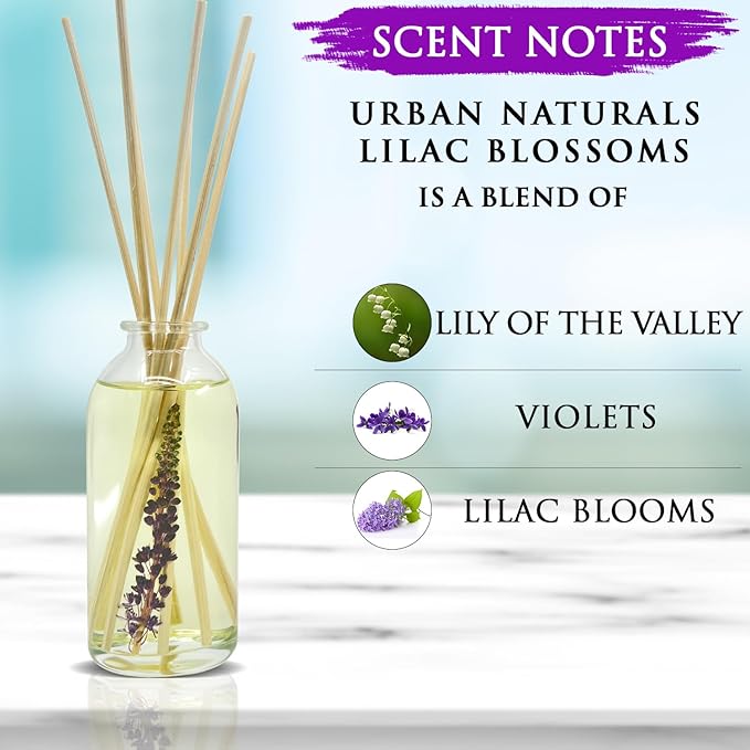 Urban Naturals Lilac Blossoms Reed Diffuser Set | Made with Essential Oils & Real Botanicals | Lily of The Valley, Violets & Lilac | Made in The USA