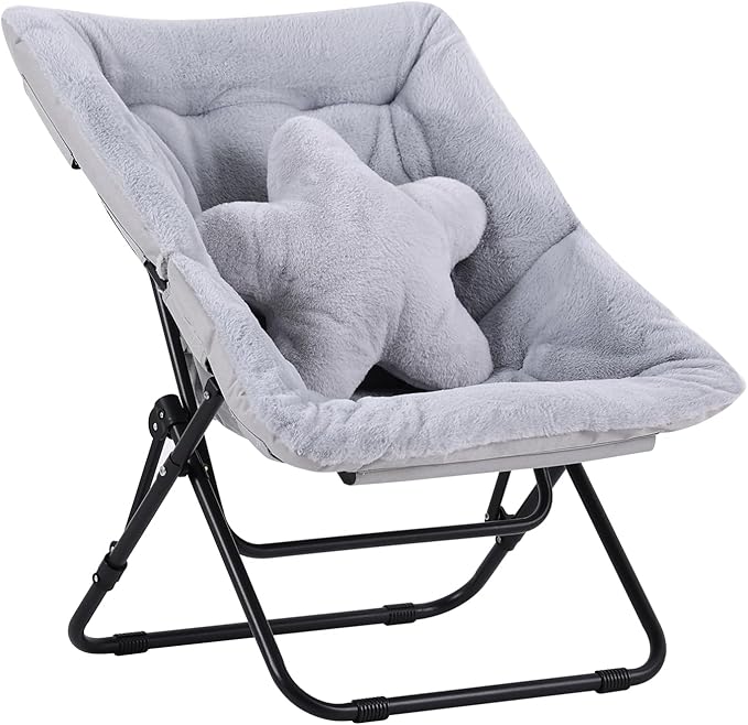 Welnow Comfy Saucer Chair, Oversized Folding Reading Chair for Adults with Throw Pillow Soft Faux Fur Lounge Chair for Bedroom Furry Accent Chair for Living Room, Dorm Rooms, Grey