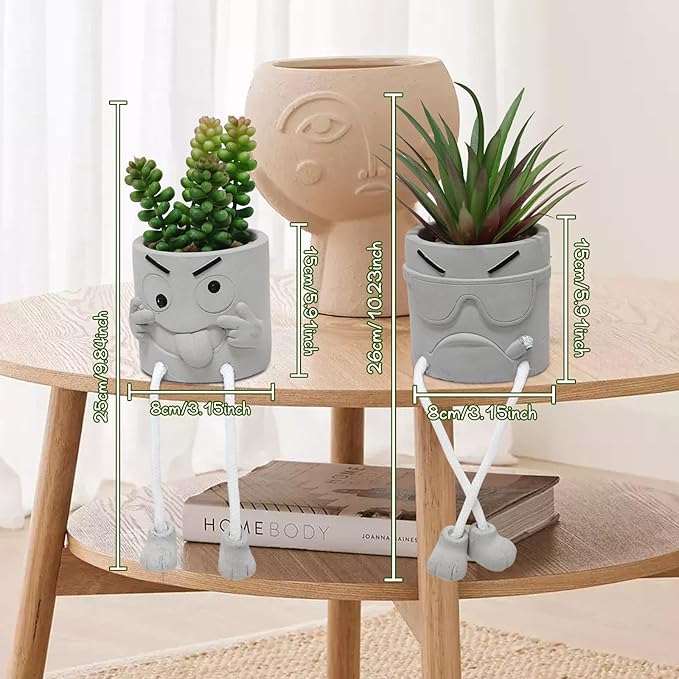 2PCS Artificial Mini Succulent Plants, Cute Fake Plant Faux Succulents in Grey Pots, Artificial Plants with Hanging Leg Potted for Home Office Desk Shelf Bathroom Decor